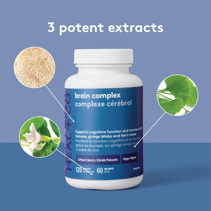 HEAL + CO. 健脑复合物 | 3 种强效提取物 – 假马齿苋、银杏和狮鬃菇 | 记忆力 + 认知补充剂 | 120 粒胶囊