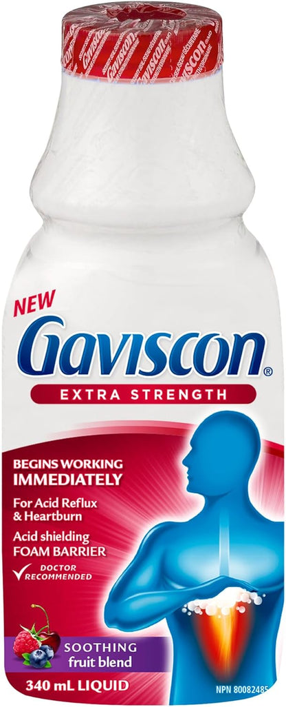 Gaviscon 液體強效抗酸劑 - 340 毫升 - 日夜緩解胃灼熱、胃酸倒流和胃食道逆流的抗酸液，水果混合物 - 不含鋁、乳糖和麩質