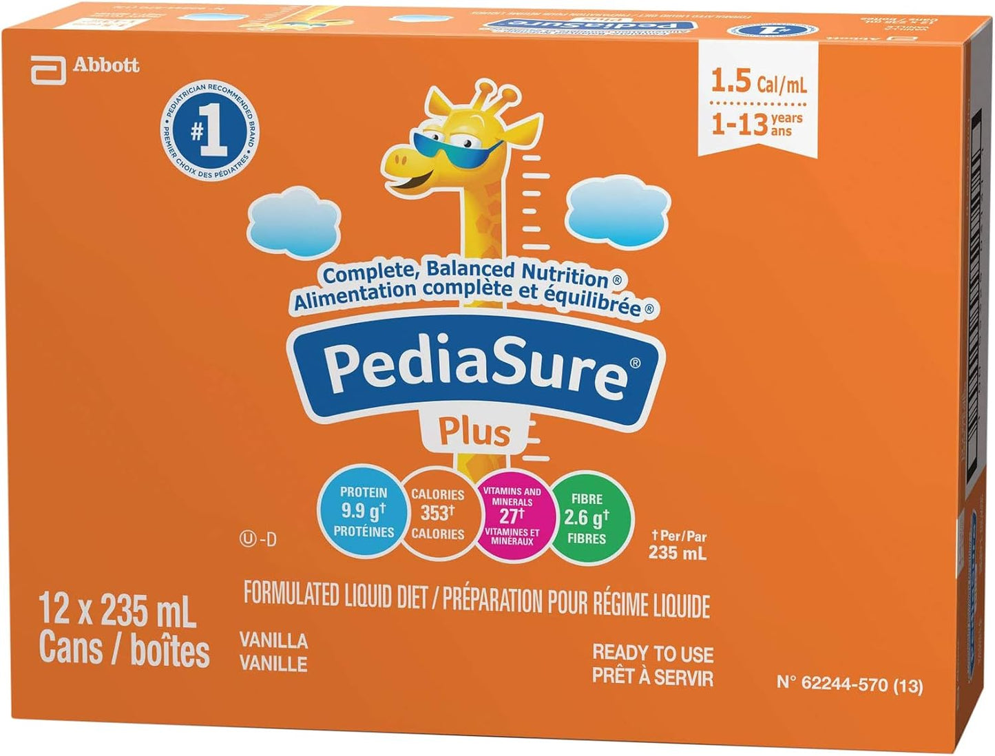 Pediasure Plus（含纤维），配方流质饮食，235 毫升罐装，香草味，12 罐装，2820 毫升