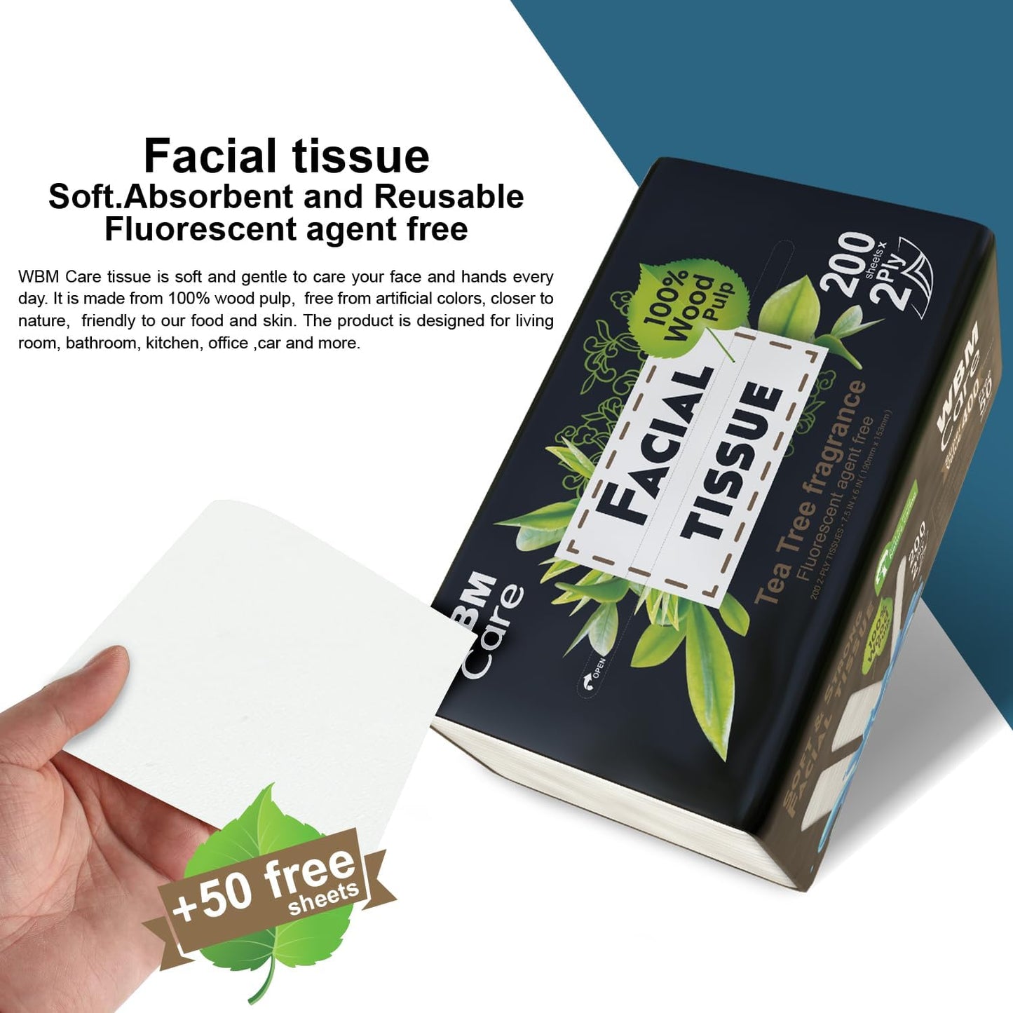 WBM Care 双层面巾纸，茶树香型 - 200 张，10 包（共 2000 张）超柔软，100% 天然，最适合冲洗