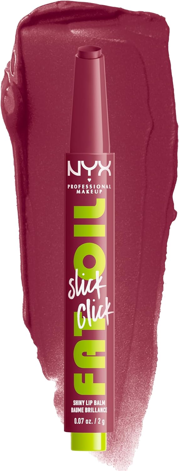 NYX Professional Makeup Fat Oil Slick Click, Lip Balm, 12 HR Hydration, Infused With Nourishing Oils, High Shine Finish, Buildable Colour, Shade: In the Drafts (Berry)