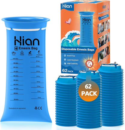 Hion 拋棄式嘔吐袋 – 62 包 1000 毫升嘔吐袋 – 防漏，醫用級，便攜 – 非常適合暈車、暈機、孕婦