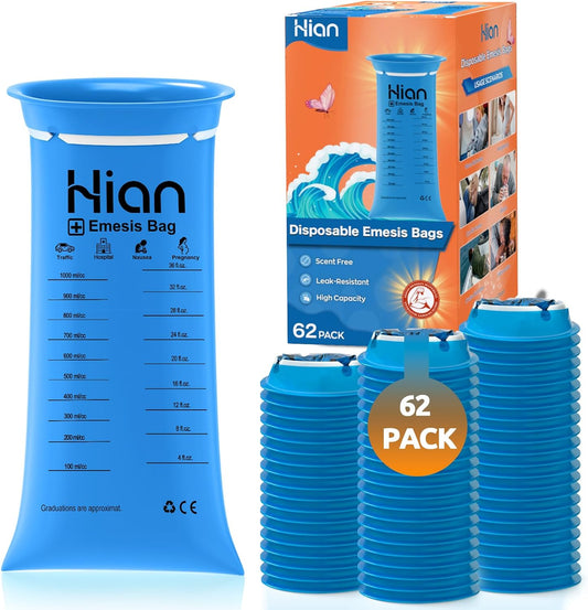 Hion 一次性呕吐袋 – 62 包 1000 毫升呕吐袋 – 防漏，医用级，便携 – 非常适合晕车、晕机、孕妇