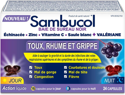 Sambucol Black Elderberry – Cough, Cold and Flu Day/Night| Helps Relieve Congestion, Fever Sore Throat & Head Pain | Black Elderberry, White Willow| 24 Hard Capsules (18 Day/6 Night)