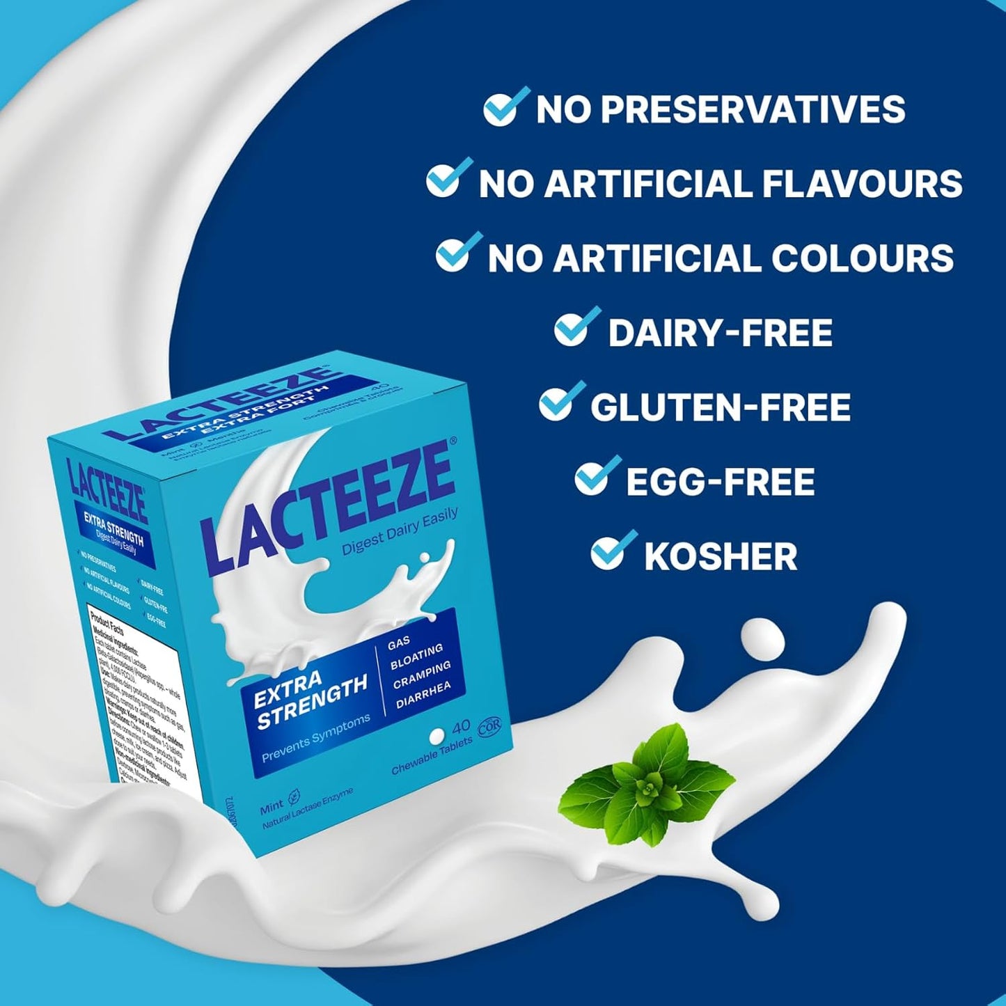 Lacteeze 強效乳糖酶 – 40 粒咀嚼膠囊 – 快速緩解乳製品引起的不適，促進乳糖消化
