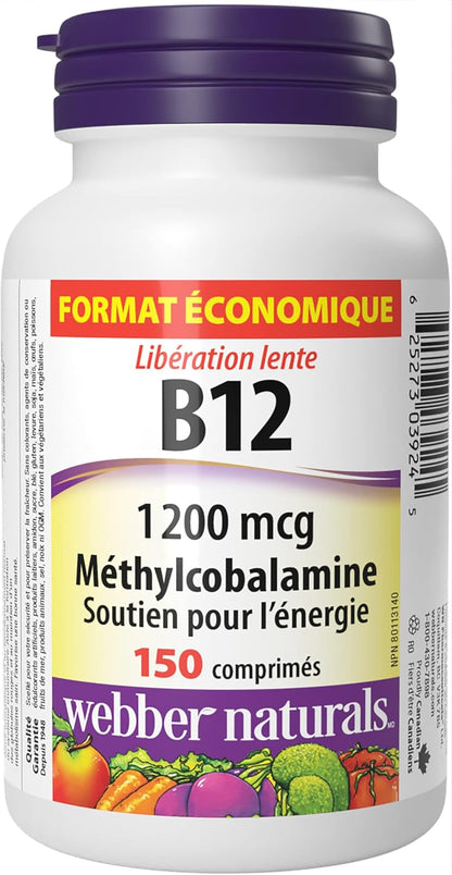 Webber Naturals 维生素 B12 1200 微克，定时释放，150 片，支持能量产生和代谢，纯素