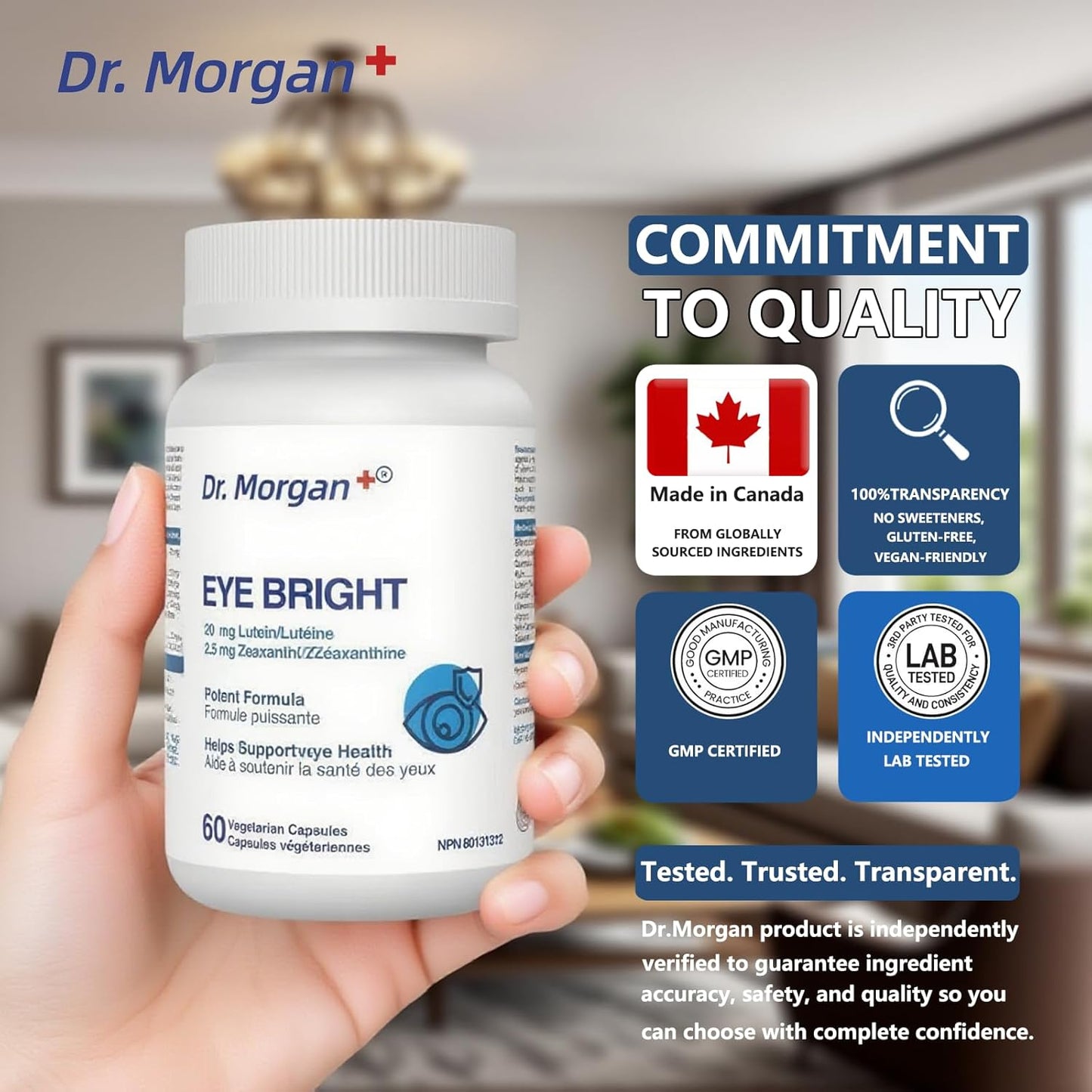 摩根博士 EYE BRIGHT 眼部補充劑，含越橘、葉黃素、玉米黃質和β-胡蘿蔔素 - 支持黃斑功能、夜視和抗氧化保護 - 60 粒膠囊