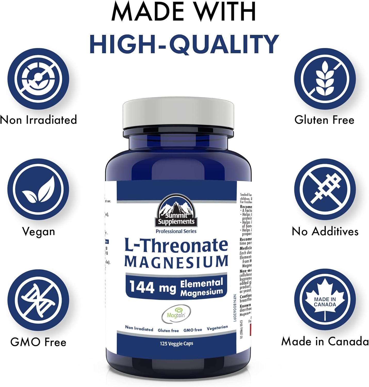 加拿大製造，抗塑膠污染 - Magtein L-蘇糖酸鎂 125 粒素食膠囊，41 天用量 - 促進大腦健康，促進健康睡眠和放鬆 - 經第三方測試 - 加拿大配方和製造
