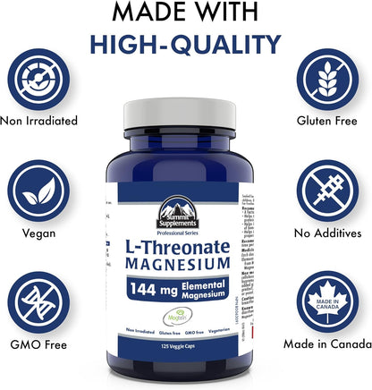 加拿大製造，抗塑膠污染 - Magtein L-蘇糖酸鎂 125 粒素食膠囊，41 天用量 - 促進大腦健康，促進健康睡眠和放鬆 - 經第三方測試 - 加拿大配方和製造