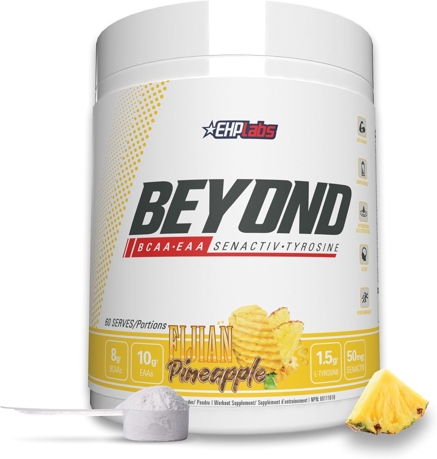 EHP Labs Beyond BCAA 氨基酸粉補充劑，用於肌肉恢復 - 8 克無糖 BCAA 氨基酸運動後恢復粉和 10 克 EAA 氨基酸粉 - 60 份（斐濟菠蘿）