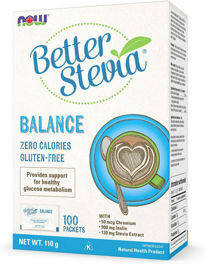 NOW Foods BetterStevia Balance 含铬和菊粉，零卡路里颗粒状甜味剂包，生酮友好，适合糖尿病患者，不含赤藓糖醇，100 包
