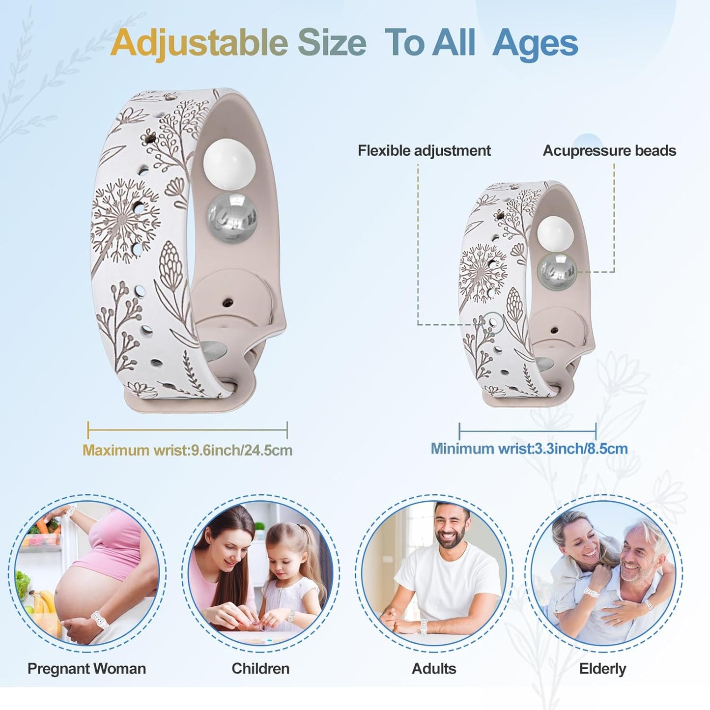 MEIYYJ 暈動病手環，防噁心自然緩解腕帶，可調節指壓噁心腕帶，適用於旅行時緩解噁心、頭痛、失眠、焦慮、晨吐 - 白色/星光色…
