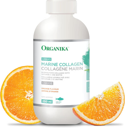 Organika Canadian-Made Liquid Marine Collagen - with Added Vitamin C and Biotin - Orange Flavour- 250ml