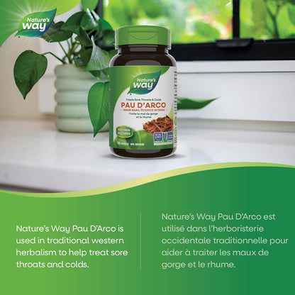 Nature's Way Pau d'Arco Inner Bark – Herbal Supplement Used to Help Treat Sore Throat and Colds – Non-GMO – 100 Vegetarian Capsules