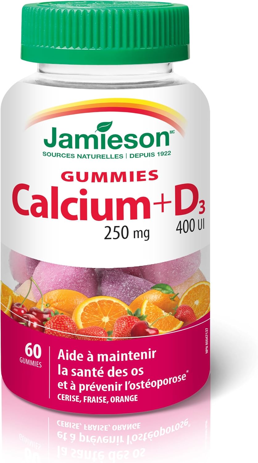 Jamieson Calcium 250 mg with Vitamin D3 400 IU Gummies, Cherry, Strawberry, and Orange Flavours, Helps Prevent Osteoporosis, Supports Strong Bones and Teeth. Non-GMO, Gluten-Free, No Artificial Colours, Flavours, or Pres…