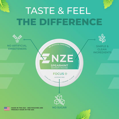 NZE 无咖啡因益智袋（留兰香型） - 益智袋含 Alpha GPC、L-酪氨酸和 L-茶氨酸 - 无糖无人工甜味剂 - 每罐 15 个无尼古丁袋 - 5 包