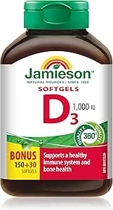 Jamieson 維生素 D3 1,000 IU 軟膠囊，易吞嚥，支持免疫健康，強化骨骼和牙齒，增強鈣和磷的吸收。非基因改造，無麩質，每日一粒，超值裝，180 粒，加拿大製造