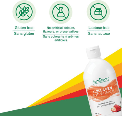 Jamieson 液體 Verisol 水解膠原蛋白 2,500 毫克天然草莓味，含 500 微克生物素，經臨床研究，可在 28 天內減少細紋和皺紋，支持更濃密的頭髮、更健康的皮膚和更強韌的指甲，G...