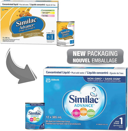 Similac Advance 1 段非转基因婴儿配方奶粉，浓缩液，385 毫升，0+ 个月，蓝色，12 支装