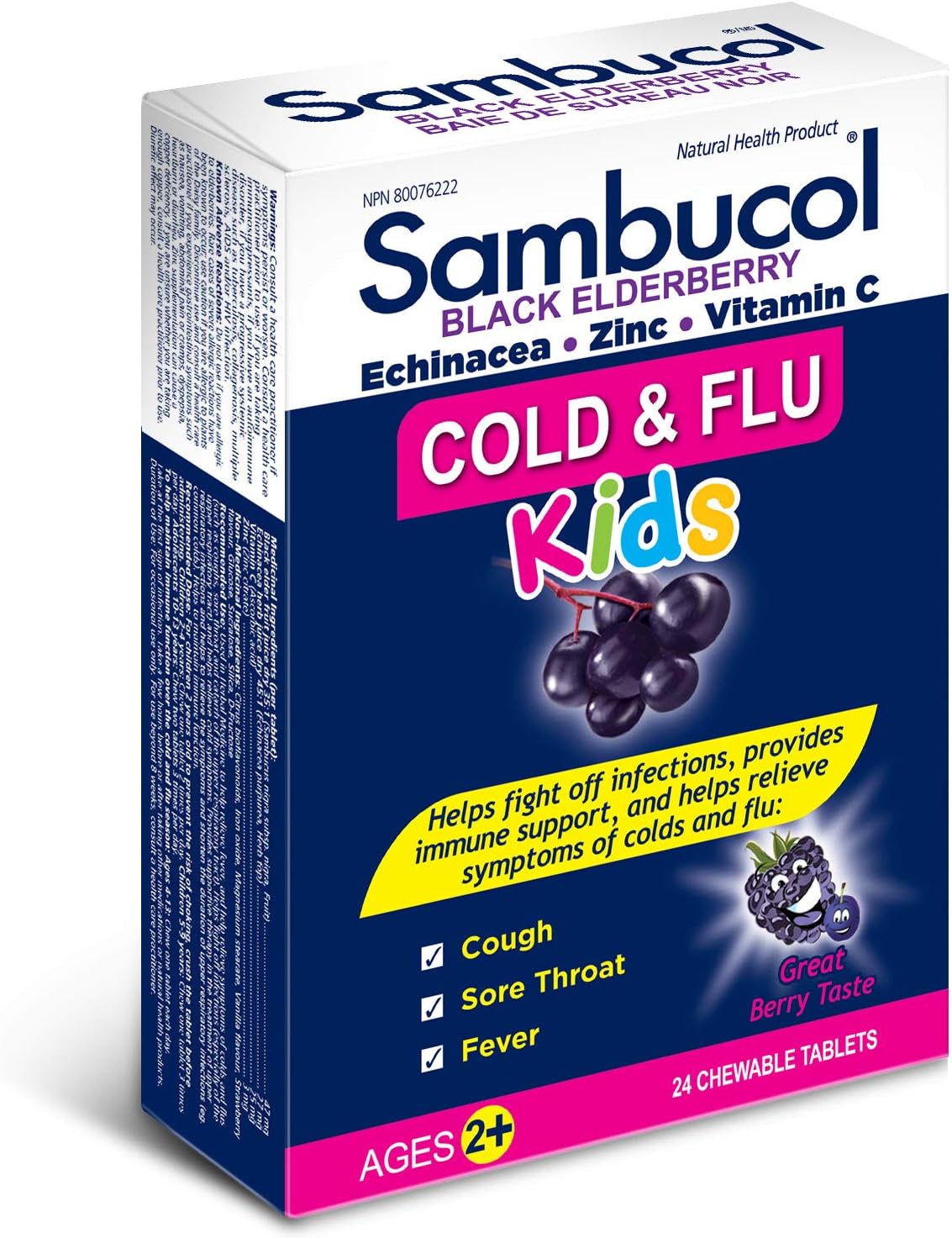 Sambucol Black Elderberry Cold & Flu Kids | Relieves Cold & Flu Symptoms | Immune Support & Antioxidant | Gluten Free | 24 Chewable Tablets, blue