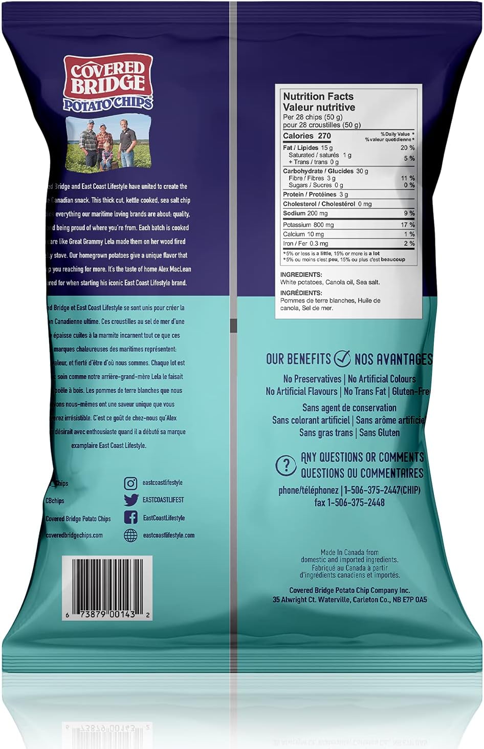 Covered Bridge 薯片 - East Coast Lifestyle 厚切海盐薯片 - 无麸质，犹太洁食认证，采用圆形白土豆烹制，加拿大制造，12 片装，每袋 142 克
