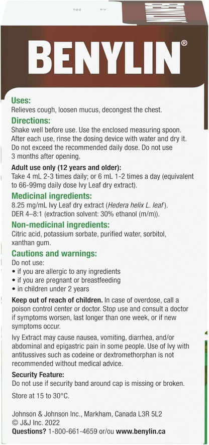 BENYLIN HERBAL Cough Syrup Ivy Leaf, Herbal Decongestant, Cold & Flu Relief, Cough Suppressant, Sugar Free, Antioxidants, 100-mL