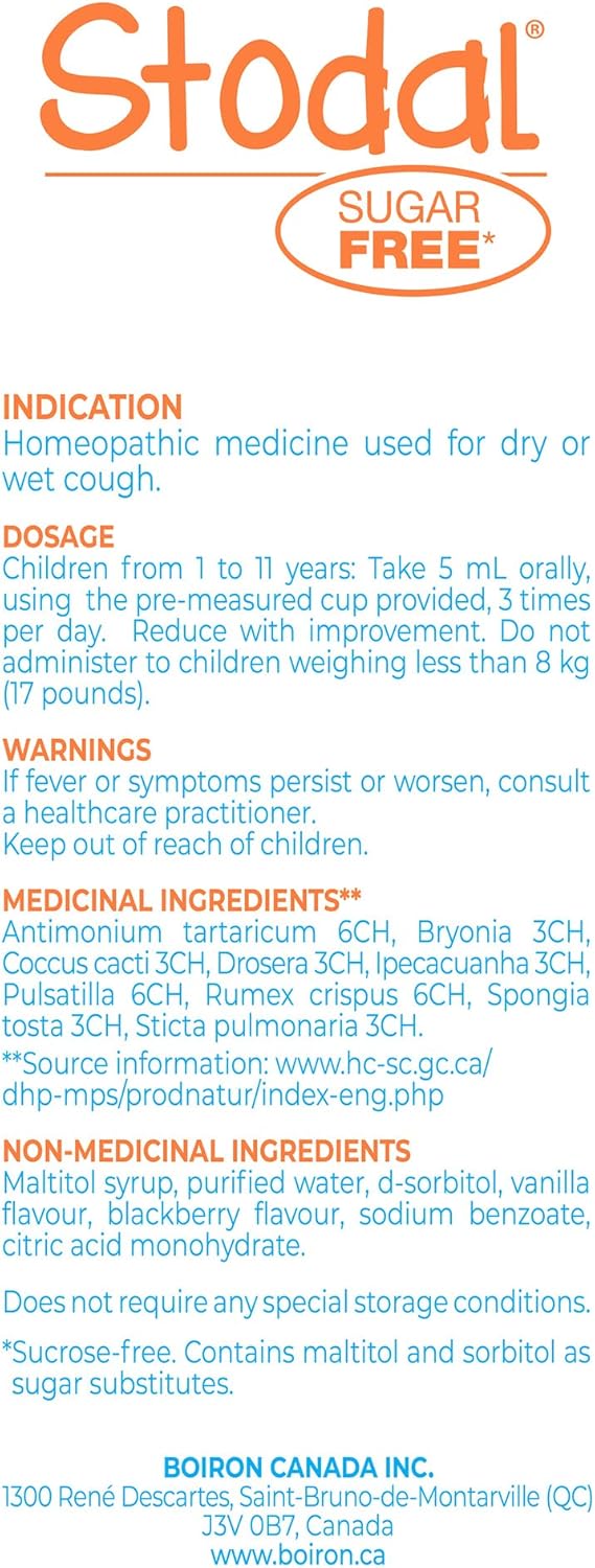 Boiron Stodal 儿童无糖，125ml，香草和黑莓口味，干咳和湿咳顺势疗法药物