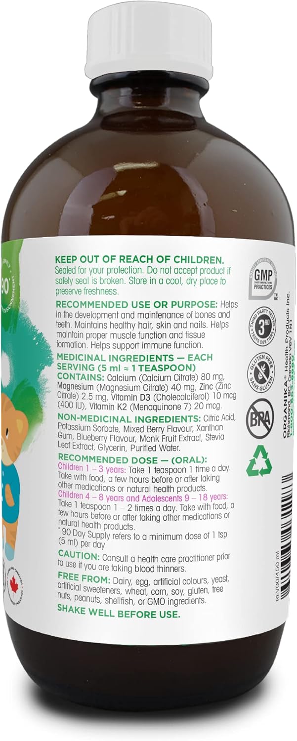 Organika Kids 液體鈣加強型 - 含維生素 D3 和 K2 - 促進骨骼和牙齒健康發育 - 混合漿果口味 - 450 毫升