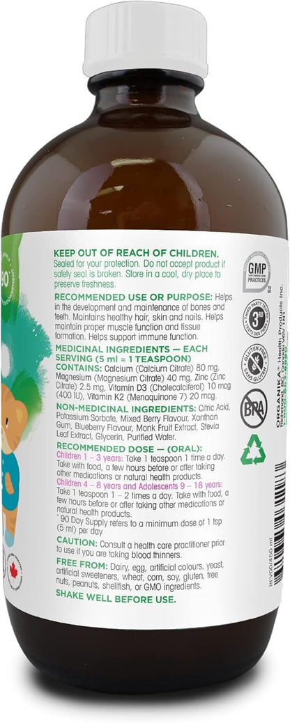 Organika Kids 液體鈣加強型 - 含維生素 D3 和 K2 - 促進骨骼和牙齒健康發育 - 混合漿果口味 - 450 毫升