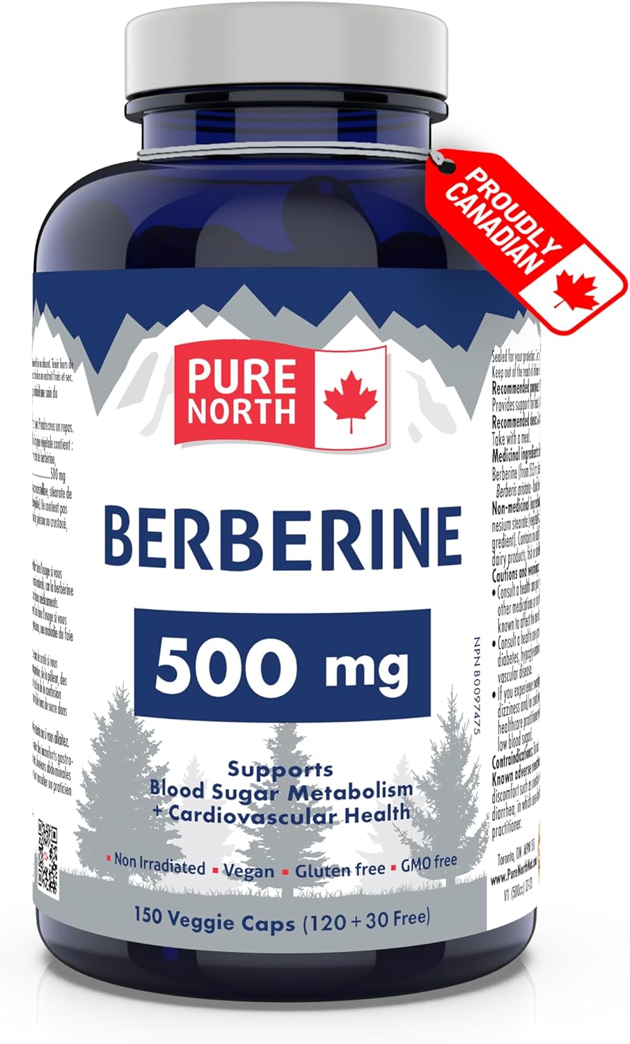 Pure North Naturals - 小蘗鹼 500 毫克，150 粒素食膠囊，75 天用量 - 支持血糖代謝 + 心血管健康和腸道健康 - 經第三方測試 - 加拿大配製和製造
