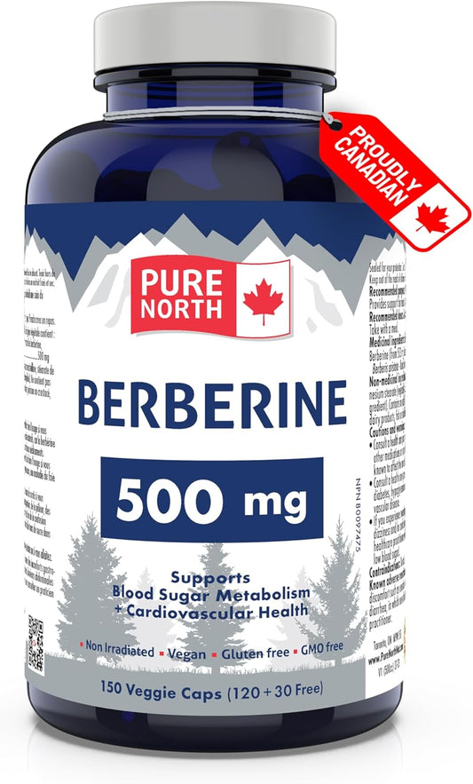 Pure North Naturals - 小蘗鹼 500 毫克，150 粒素食膠囊，75 天用量 - 支持血糖代謝 + 心血管健康和腸道健康 - 經第三方測試 - 加拿大配製和製造