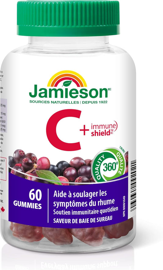 Jamieson Vitamin C + Immune Shield Gummies Natural Elderberry Flavour, with Elderberry, Vitamin C, and Zinc. Supports Immune Health, and Relieves Early Cold Symptoms, Family Friendly (3+), No Artificial Flavours, Colours…