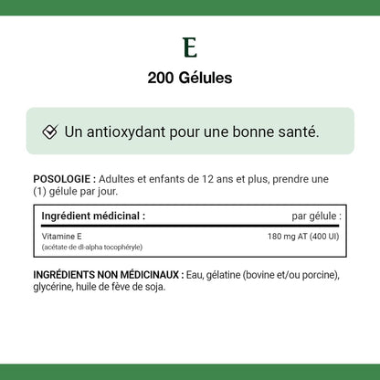 天然之寶維生素 E，400 IU，抗氧化劑，不含防腐劑，適合成人和 12 歲及以上兒童，200 粒軟膠囊，134.2 克