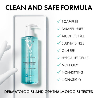 Vichy Face Cleanser, Pureté Thermale Fresh Cleansing Gel Face Wash & Makeup Remover for Sensitive Skin, with Vitamin B5, Hypoallergenic, Paraben-Free