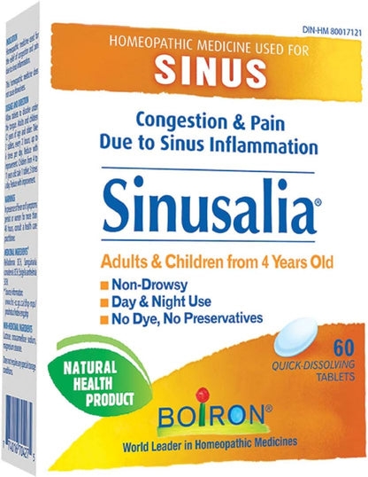 Boiron Sinusalia，60 片装，顺势疗法药物，用于缓解鼻塞和鼻窦炎症相关疼痛，如鼻塞和鼻窦压力，不引起困倦，适用于 4 岁至成人