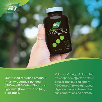 Nature's Way NutraSea Omega 3 軟膠囊 – 1250 毫克 EPA + DHA - 心血管和大腦健康 - Omega 3 魚油補充劑 - 清新薄荷味，100 粒軟膠囊