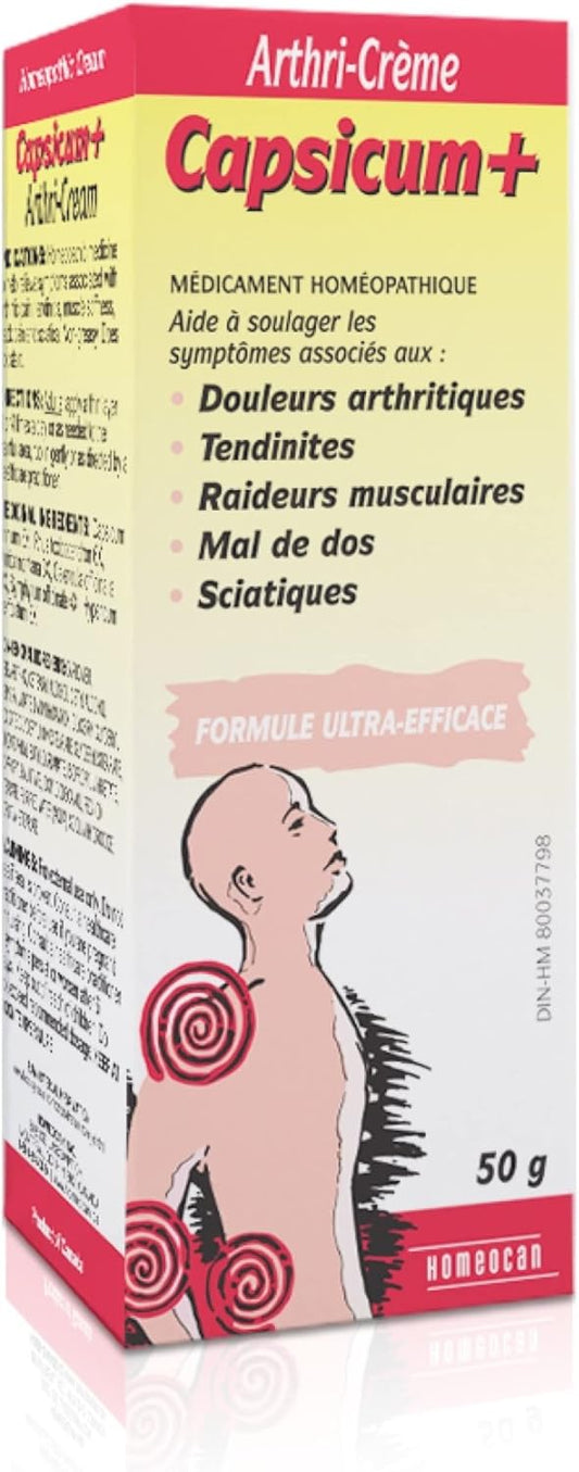 Homeocan - 辣椒+关节炎霜，50克 - 缓解关节炎疼痛、肌腱炎、肌肉僵硬、背痛和坐骨神经痛相关症状 - 不油腻