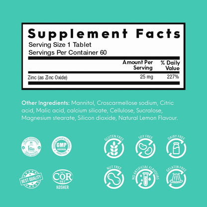 Nutrameltz 鋅 25 毫克補充劑 – 膳食免疫支持補充劑，促進健康的頭髮和指甲，促進新陳代謝調節 - 快速溶解 – 令人垂涎的檸檬味（60 片）