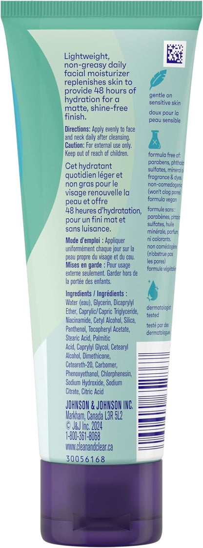 Clean & Clear Daily Mattifying Facial Moisturizer, Shine Control Face Lotion with Niacinamide & Pro-Vitamin B5 for Oily, Combination, & Sensitive Skin Care, Non-Comedogenic, 100 ml
