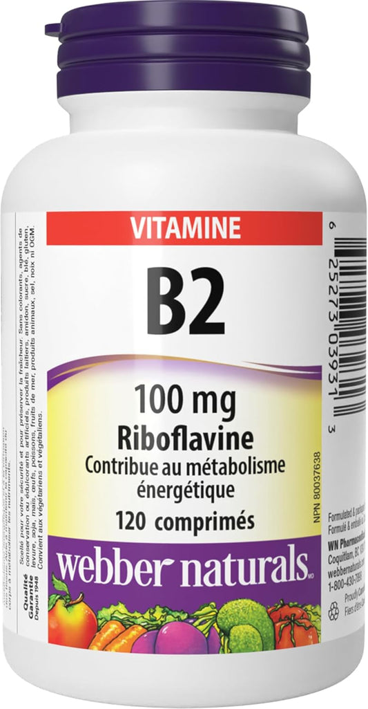 Webber Naturals Vitamin B2 Riboflavin 100 mg, 120 Tablets, Supports Energy Metabolism, Vegan