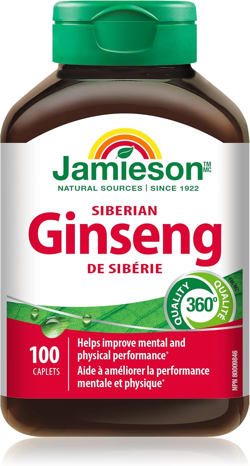 Jamieson Siberian Ginseng, Supports Recovery, Helps Enhance Physical Performance, and Improves Mental Performance. Adaptogen, Non-GMO, Gluten-Free, 100 Vegetarian Caplets, Proudly Canadian