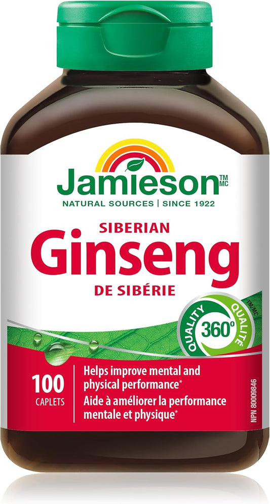 Jamieson Siberian Ginseng, Supports Recovery, Helps Enhance Physical Performance, and Improves Mental Performance. Adaptogen, Non-GMO, Gluten-Free, 100 Vegetarian Caplets, Proudly Canadian