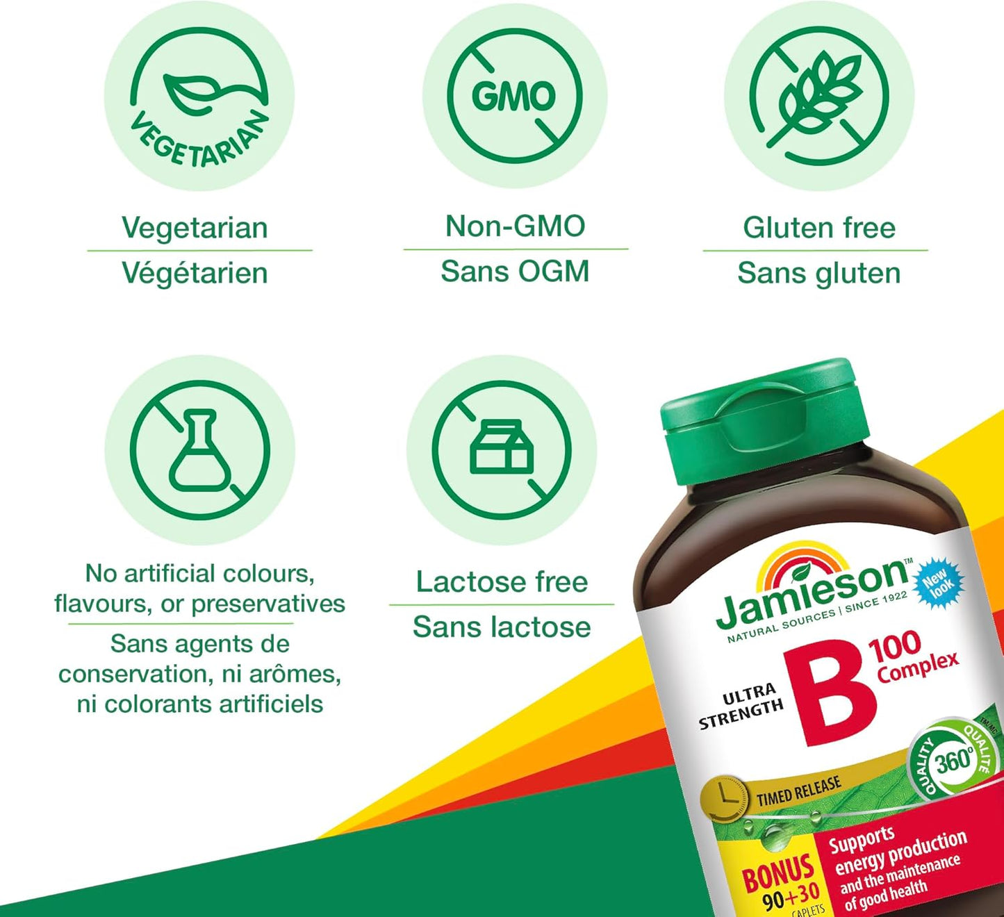 Jamieson 维生素B100复合胶囊，缓释，超强效，天然补充能量，促进新陈代谢。素食，非转基因，无麸质，120粒，加拿大制造