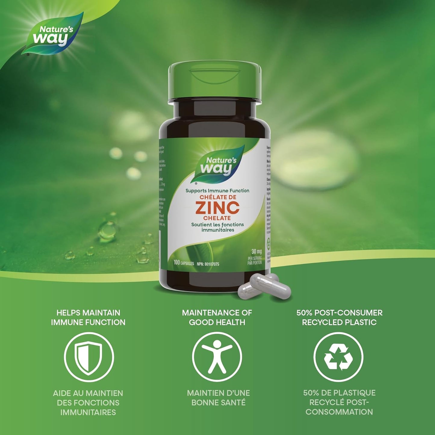Nature's Way 鋅螯合物 - 免疫系統、能量代謝和整體健康支持 - 預防鋅缺乏症 - 每粒膠囊含 30 毫克鋅螯合物 - 不含麩質 - 100 粒膠囊