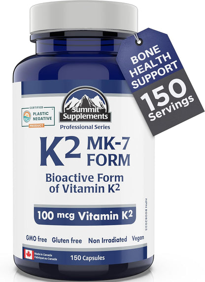 Vitamin K2 MK-7 100mcg, 150 Veggie Capsules, 150-Day Supply, Bioavailable Vitamin K2 Supplement for Bone Strength & Cardiovascular Support, Vegan, GMO & Gluten Free, Proudly Canadian, Plastic Negative