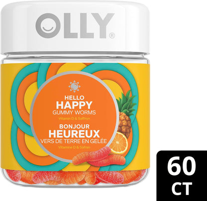 OLLY Hello Happy Gummy Worm 补充维生素热带风味和维生素 D 和每日能量软糖补充剂的混合物 100% 无咖啡因能量维生素热带激情混合物