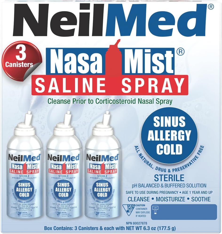 NeilMed NasaMist 生理盐水喷雾 177 毫升。全天然 pH 平衡缓冲溶液 - 采用特殊设计的喷嘴，舒缓、保湿、清洁肌肤。内含 3 罐