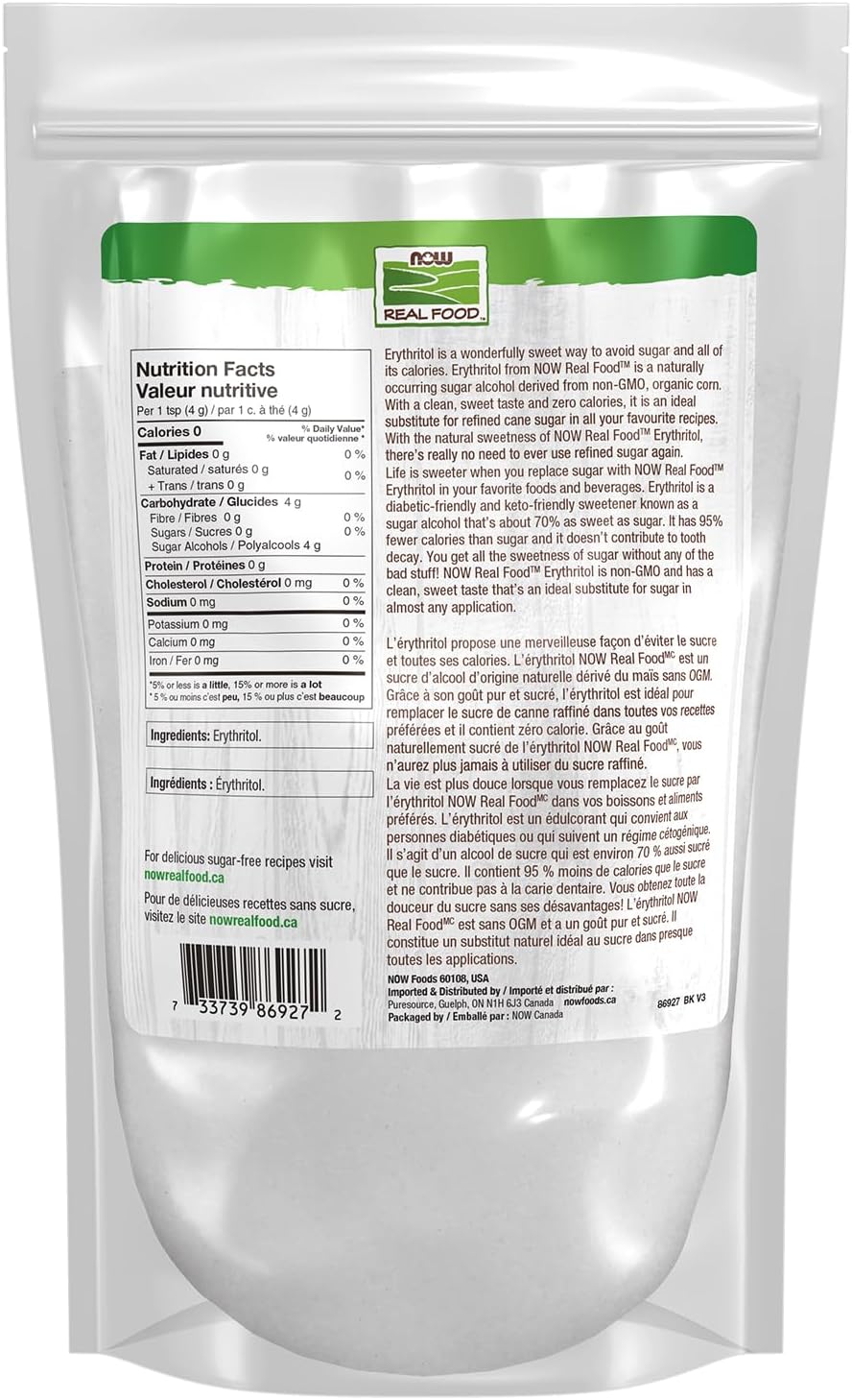 NOW Real Food, Erythritol, Pleasant Sweetner for Reduced-Calorie and Sugar-Free Recipes, Zero-Calorie, Low Glycemic Impact, 454g