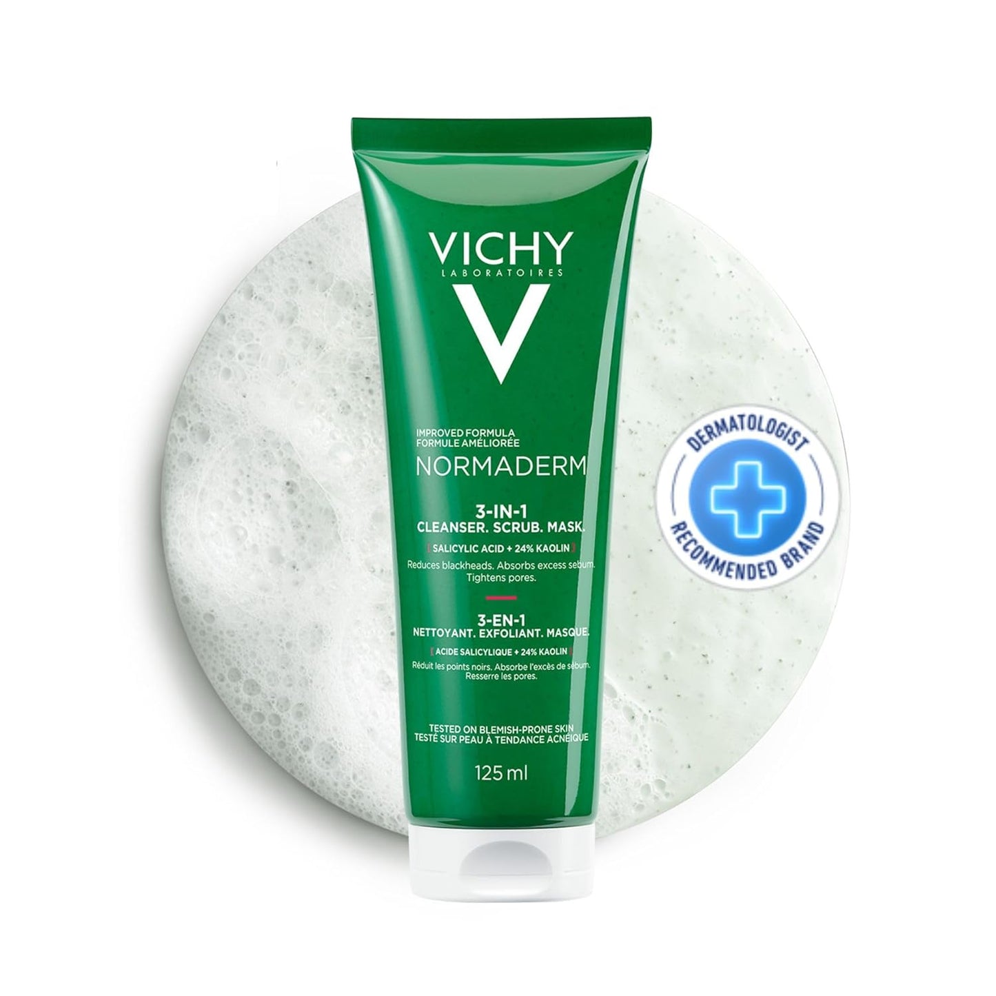 Vichy Normaderm 三合一去角质磨砂膏、洁面乳和护肤面膜。适用于油性肌肤和敏感性肌肤，含水杨酸和乙醇酸，125毫升