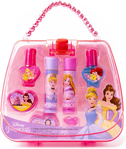 Lip Smacker Disney Princess 5-Piece Beauty Tote for Kids, Includes Lip Balm, Nail Polish & Hair Accessories, Travel Bag Gift Set Featuring Rapunzel & Cinderella, Cruelty-Free